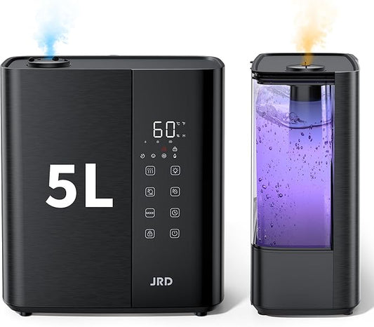 JRD Warm & Cool Mist Humidifiers for Bedroom 5L, Quiet Ultrasonic Air Humidifier Fast Symptom Relief, 50H Runtime, Oil Diffuser, 12H Timer, 7 Color Light for Large Room, Office, Baby, Plants-Black