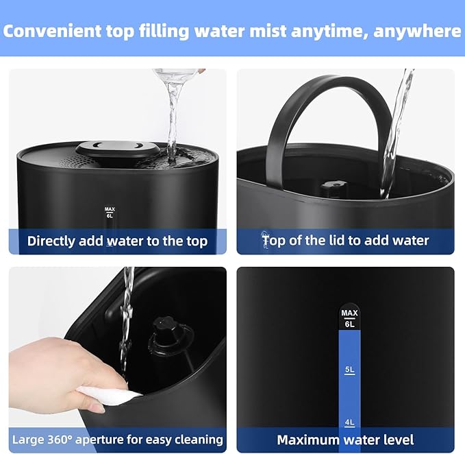 Coolfiqu 6L Humidifiers for Bedroom Large Room Home, Cool and Warm Humidifier for Plants Mist Top Fill Desk Humidifier Essential Oil Diffuser, Quiet Humidifiers with Adjustable Mist,360°Nozzle-Black