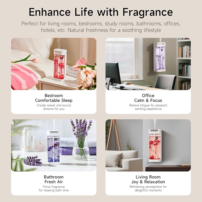 Waterless Essential Oil Diffuser with 2x230ml Refills (460ml Total), Portable Fragrance Diffuser for Home & Aromatherapy, Wall Mounted or Desktop Scent Machine, 4 Mist Modes