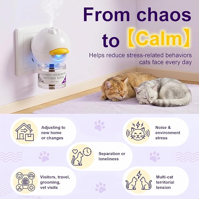 Cat Calming Diffuser，Helps Reduce Fighting, Tension & Aggression Between Cats，Cat Pheromones Calming Diffuser for Stress-2 Diffusers & 4 Refills