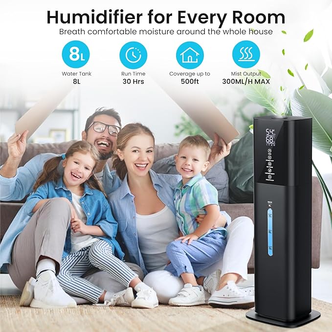2.1Gal(8L) Humidifiers Large Room Bedroom Up to 550ft² Coverage, Quiet Ultrasonic Cool Mist Humidifier with Night Light, 3 Speeds, Adjustable Humidity, 12H Timer, Aroma Tray for Home Plants Baby