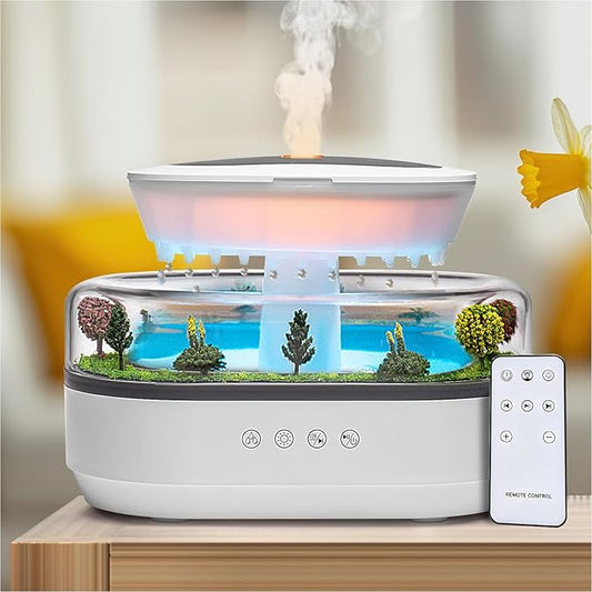 Essential Oil Diffuser 250ML Cloud Humidifier Rain Water Drip Diffuser Humidifier with Drip Music Micro Landscape Ultrasonic Diffuser for Bedroom Office Hotel (White Grey)