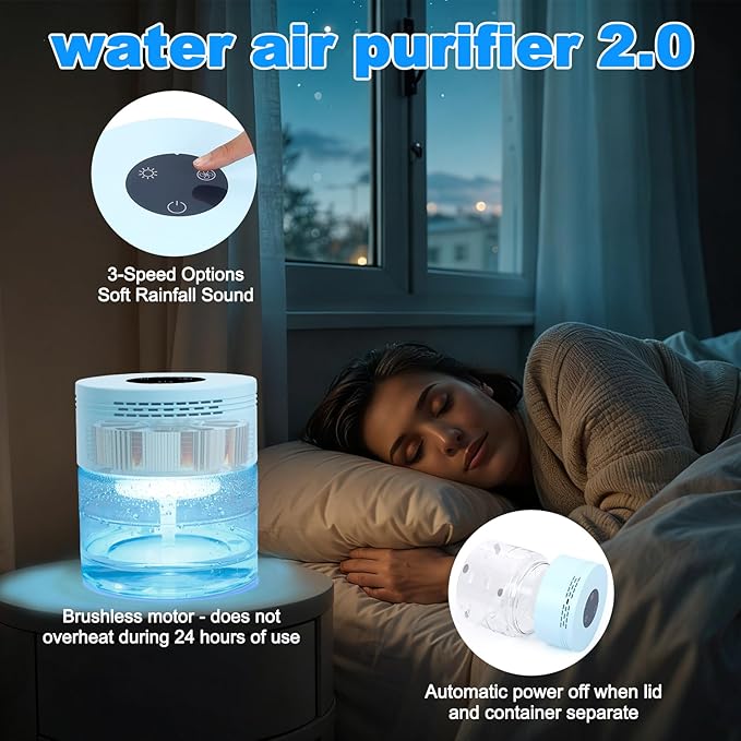Water Air Purifiers for Home, Water Based Air Purifiers, Quiet 3-Speed Air Washer Aroma Diffuser, 8-Color Light Air Revitalizer, 24H Auto Shut-off Humidifier for Bedroom, Office, Living room, Pet,Blue