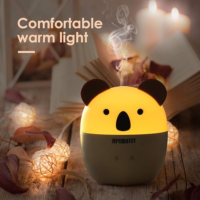 Small Essential Oil Diffuser,160ml Cute Koala Cartoon Aromatherapy Diffusers with Auto Shut-Off Function,Cool Mist Humidifier with Warm White Lights for Home Office Bedroom