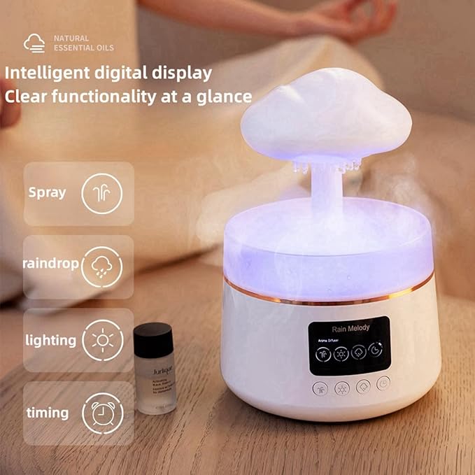 30db silent rain cloud humidifier for bedroom，3 types brightness and 7 color lighting humidifier, equipped with remote control & Bluetooth music, rain humidifier water dripsimulating rain sound sleep
