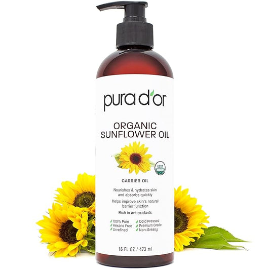 PURA D'OR ORGANIC Sunflower Seed Oil (16 Oz) 100% Pure & Natural USDA Certified Cold Pressed Carrier Oil For DIY Beauty - Unscented, Hexane Free Liquid Moisturizer - Face Skin & Hair - Men & Women