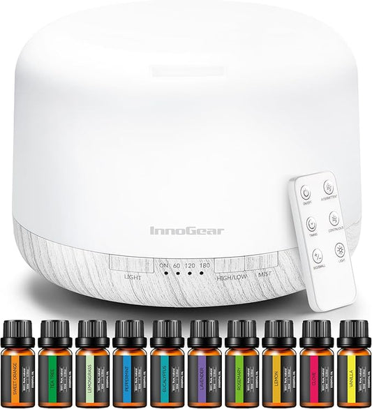 InnoGear Aromatherapy Diffuser & 10 Essential Oils Set, 500ml Essential Oil Diffuser with Remote Control Mother's Gift Ultrasonic Cool Mist Scent Humidifier Vaporizer Auto-Off Timer for Home, White