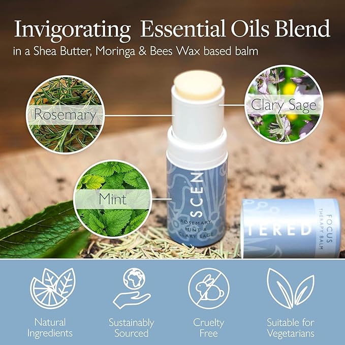Scentered Aromatherapy Balm Stick for Focus & Concentration - Roll On Essential Oils Blend with Rosemary, Mint, Clary Sage in Shea Butter - Aromatherapy Gifts for Women