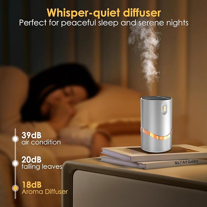 Waterless Essential Oil Diffuser Rechargable: Portable Aromatherapy Diffuser for Car and Home - 1/2/4/6H/Time Off 4 Mist Level for Room Office Bedroom (Sliver)