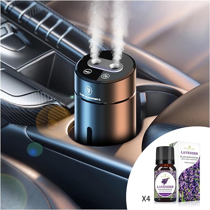 Smart Car Air Freshener, Car Air Freshener Diffuser with Humidifier, Auto On/Off, 3 Mode Adjustable, with 4 Essential Oils(Gun Color)