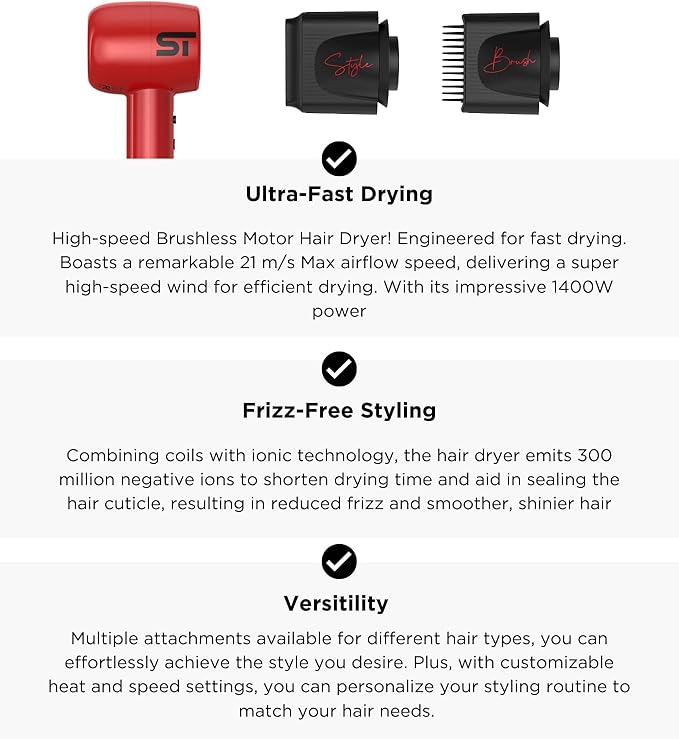 Supreme Trimmer Hair Dryer Negative Ion 110,000 RPM | Fast Drying & Low Noise Blow Dryer 1400W Brushless Motor | Magnetic Attachments, 3 Heat & 3 Speed Settings + Cool Shot | SHD347