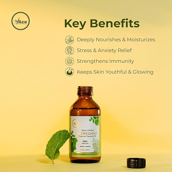 MyAce Peppermint Essential Oil 4 fl oz – 100% Pure & Steam Distilled Mentha Piperita – Undiluted, Natural Aromatherapy Oil for Diffuser, DIY Blends, Hair & Skin Care