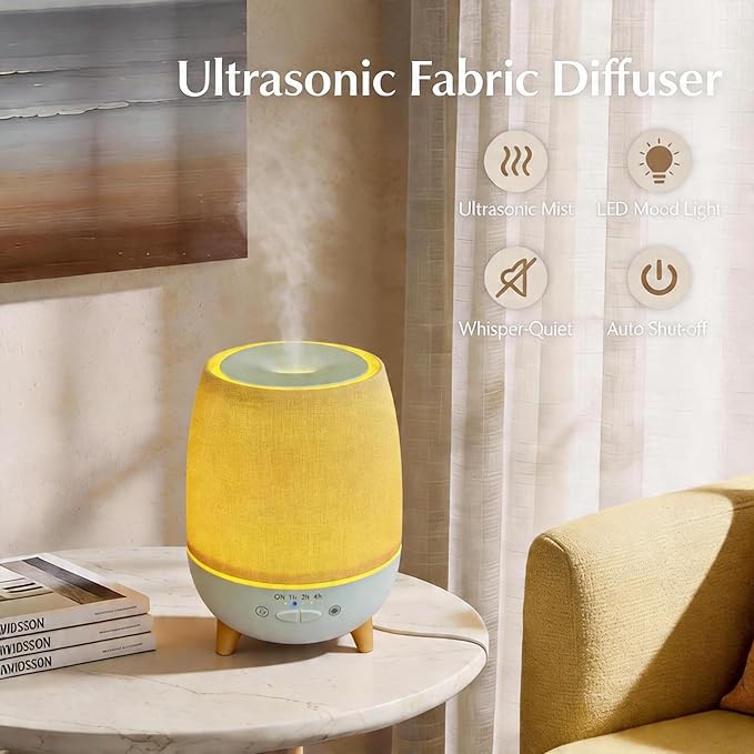 Essential Oil Diffuser with Fabric Cover, with Remote Control, 300ML Ultrasonic Cool Mist Humidifier & Aromatherapy Diffuser for Home,23dB Quiet Soft Night Light,Timer for Bedroom, Room, Office, Yoga