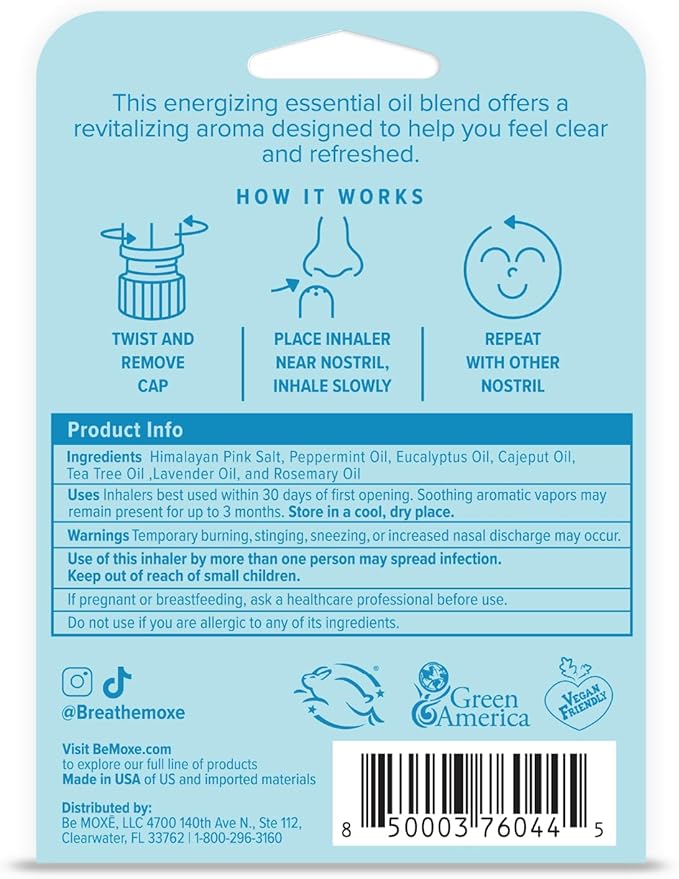 MOXE Breathe | Himalayan Salt Inhaler | Help Clear Congestion, Boost Focus and Improve Breathing | Natural Aromatherapy | Peppermint, Lavender and Tee Tree Essential Oil (1 Pack)…