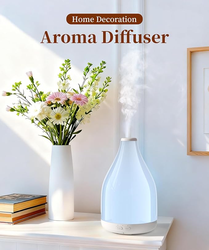 300ML Essential Oil Diffuser, Quiet Aromatherapy Diffuser Mist Humidifier with 7 Colors Light, Auto-Off, 1H/3H/6H Timer, Ultrasonic Room Scent Diffuser for Home, Office, White (No Remote)