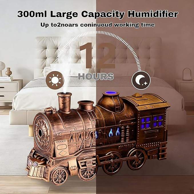 2026 New Train Diffuser, 300ml Train Essential Oil Diffuser – Aromatherapy Humidifier with Dual-Color LED Light, Ultrasonic Cool Mist, Quiet Auto Shut-Off Steam for Home & Office (Gold, Basic)