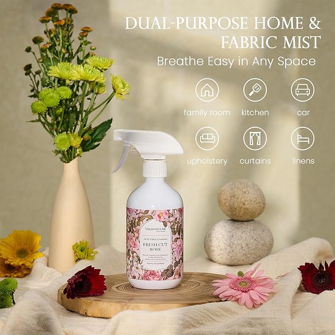 M&SENSE Fresh Cut Rose Scent Value Bundle - Reed Diffuser Oil Refill 16.9oz 500ml with 10 Reed Sticks & Odor Eliminator Spray Natural Essential Oil Home Spa Office Dining Room Living Space Freshener