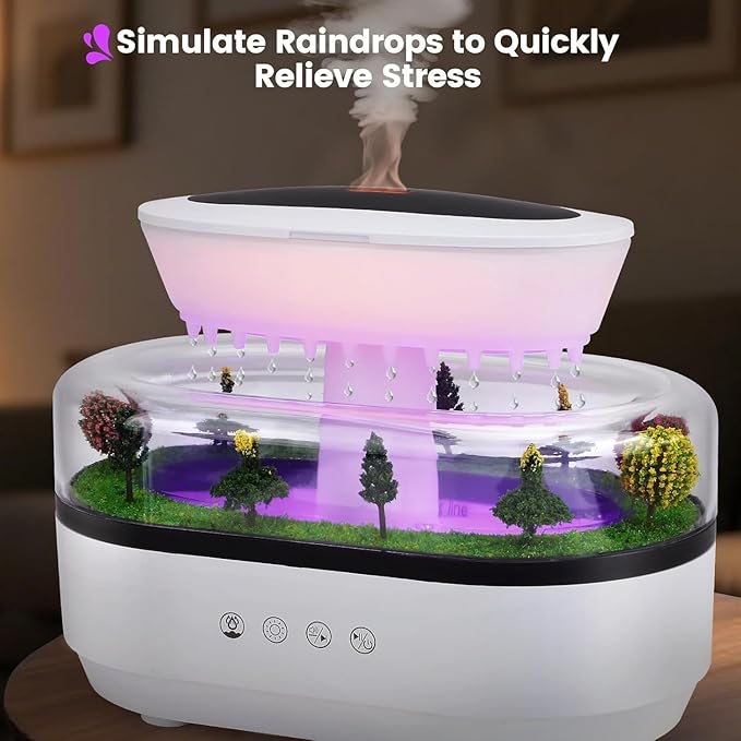 Essential Oil Diffuser 250ML Air Humidifier with 7-Color Adjustable LED Ambient Light,Water Drip Sound,Micro Landscape,Ultrasonic Quiet Mist,Ideal for Bedrooms,Offices & Plants (White)