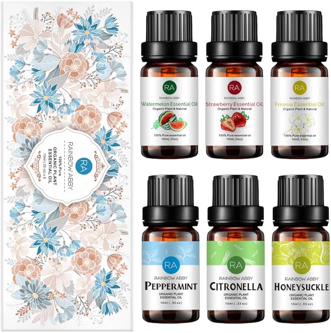 RAINBOW ABBY 6-Pack Orangic 100% Pure Essential Oil Set (Peppermint, Watermelon, Strawberry, Freesia, Citronella, Honeysuckle) 6x10ML