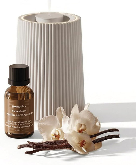Homedics Waterless Essential Oil Diffuser with 15ml Vanilla Cedarwood Fragrance Oil. SereneScent Cordless Cold Air Scent Diffuser Starter Kit with Ambient Light, Studio 671 (White)