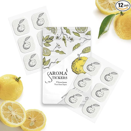 AROMA STICKERS® (Yuzu, Pack of 1) - 100% Natural Essential Oil Mask Stickers for Face Mask & Pillow (12 Stickers/pc) -Pure Essential Oil Scented Mask Patch/Personal Aroma/Relaxing