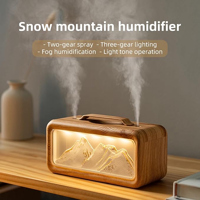 600ML Dual Mist Spray Snow Mountain Essential Oil Diffuser with 3 Modes Night Light USB Desktop Humidifier for Bedroom Home Office
