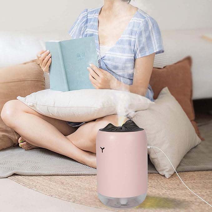 260ml USB Desktop Humidifier, Mini Air Diffuser with Night Light, Quiet Mist Humidifier for Home Office, One - Button Dual Mist Mode, Leak - Proof Design (Pink)
