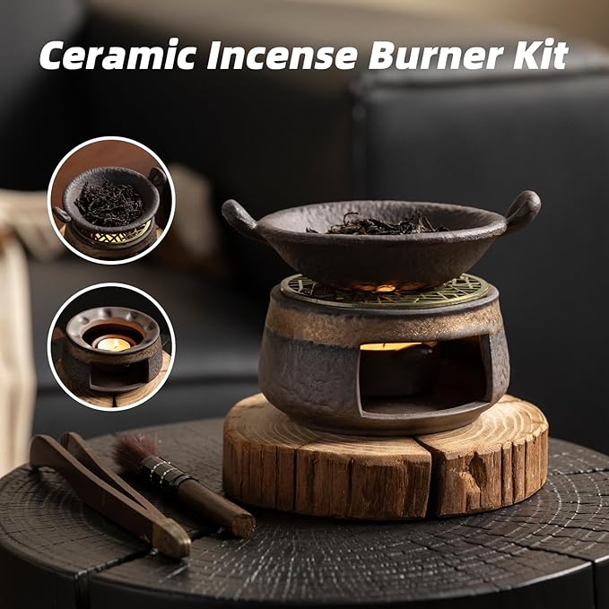 Cedar Aromatherapy Burner & Ceramic Oil Warmer for Home & Office (Heat-Resistant Double-Handled Baking Tray + Stone-Patterned Oven + Old elm Wood mat + Accessories)