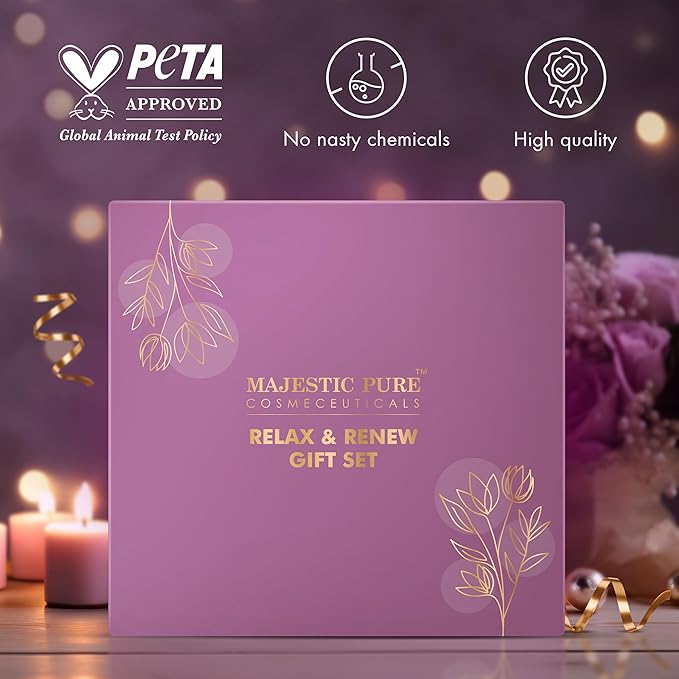 Majestic Pure Christmas Day Gift Set set of 5- (Brazilian Orange oil 1oz, Scented Candle - 50g, Gardenia Hand Cream - 20g, Himalayan Salt Body Scrub - 160g, Gold Face Mask - 100g)