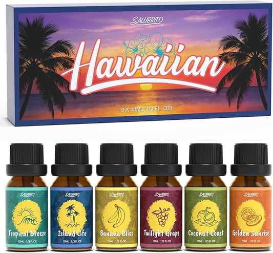 SALUBRITO Hawaii Fragrance Oils Set, Summer Essential Oils for Diffuser, Candle, Soap Making, Tropical Breeze, Island Life, Banana Bliss, Twilight Grape, Coconut Coast, Golden Sunrise Scented Oil