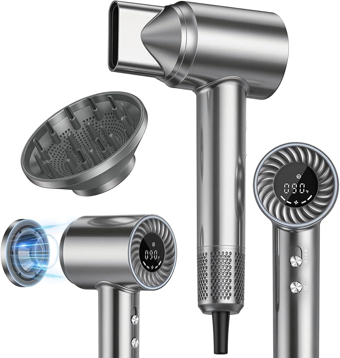 Hair Dryer, 150000 RPM Brushless Motor with 500M Negative Ions, Fast-Dry Lightweight Design, ThermoControl & Magnetic Nozzle/Diffuser, Low Noise Salon Blow Dryer for All Hair, Travel, Home