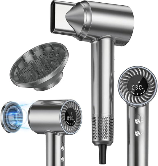 Hair Dryer, 150000 RPM Brushless Motor with 500M Negative Ions, Fast-Dry Lightweight Design, ThermoControl & Magnetic Nozzle/Diffuser, Low Noise Salon Blow Dryer for All Hair, Travel, Home