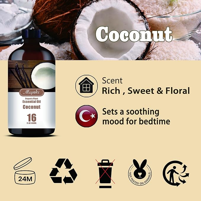 Coconut Essential Oil – MLYNKL Coconut Oils for 16.33 fl oz Diffusers, Humidifiers, Massage, DIY Candles, Soap, Cleaning, Home, Yoga, Office, Gifts - 490 ml