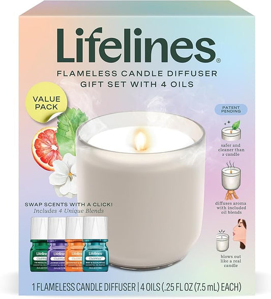 Lifelines Flameless Candle Aromatherapy Essential Oil Diffuser with 4 ClickWick Essential Oil Blends Value Pack - Cordless & Waterless Diffuser for Home - Scented Electric Candles Blow Out Flame