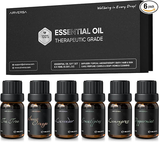 Airversa Top 6 Aromatherapy Oils Set-6 Packs, 10mL (Eucalyptus, Lavender, Lemon Grass, Sweet Orange, Peppermint, Tea Tree) - 0.34 Fl.Oz x 6