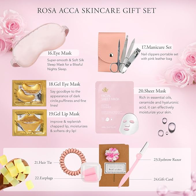 Mother's Day Gift, Spa Gifts 30pcs Rose Facial Skin Care Set for Women, Face Cream, Bath Oil, Serum, Shower Accessories, Bath and Body & Facial Kit, Birthday, Christmas, Valentine's, Bridal Shower