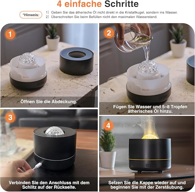 Essential Oil Diffuser, Colorful Flame Fire Diffuser, Bedroom Atmosphere Light, Starry Sky Projection Light, Cold Mist Aromatherapy with Automatic Shut-Off Protection. Suitable for Home, Office