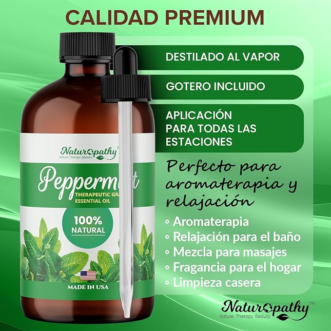 Naturopathy Peppermint Essential Oil, Natural Therapeutic Grade, Premium Quality Peppermint Oil, 4 fl. Oz - Perfect for Aromatherapy and Relaxation