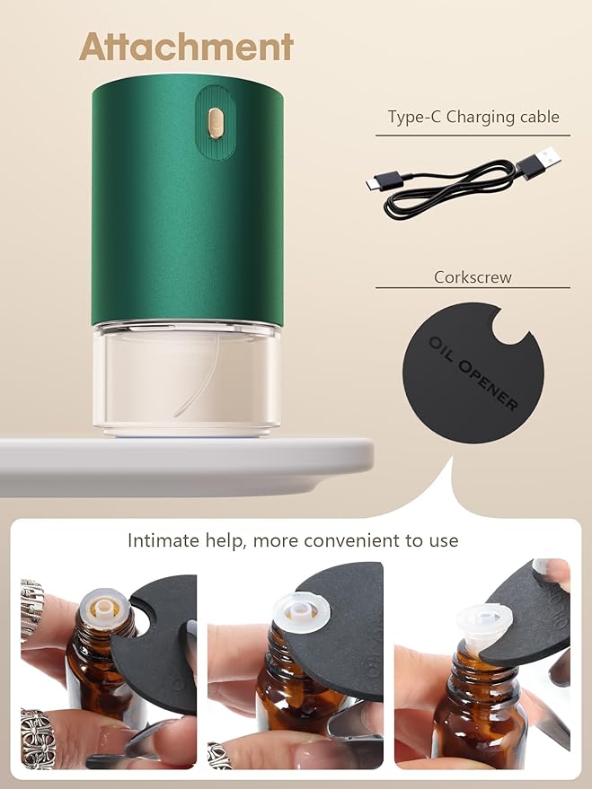 Waterless Oil Diffuser for Home, Car, Office - Rechargeable Scent & Essential Oil Diffuser, 4 Mist Modes and 1/2/4/6 Hour Timer, Portable Cordless Aromatherapy, Spill-Proof Metal Design - Green