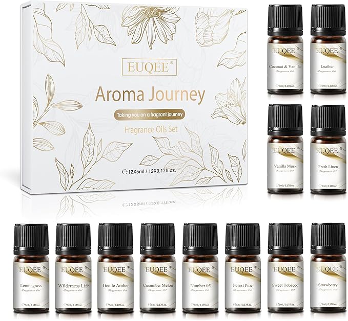 EUQEE 12 Pcs Fragrance Oils Set Premium Fragrance Oil for Diffuser, Humidifier, DIY Candle Making, Travel-Friendly, Room Freshener Aromatherapy Gifts for Women and Men(12x5ML)