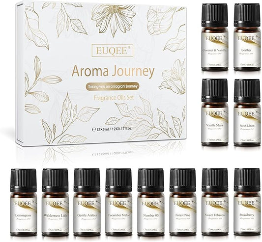 EUQEE 12 Pcs Fragrance Oils Set Premium Fragrance Oil for Diffuser, Humidifier, DIY Candle Making, Travel-Friendly, Room Freshener Aromatherapy Gifts for Women and Men(12x5ML)