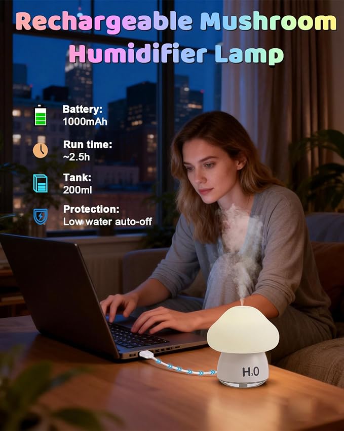 Mushroom Humidifier Lamp with 8 RGB Colors Lights,Cute Rechargeable Portable Humidifiers for Bedroom,Small Mushroom Diffuser with Two Spray Modes,Touch Night Light,Valentine's Day Gifts (White)