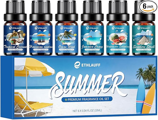 Summer Essential Oils for Diffuser - Ocean Wind, Tropical Coconut, Seashore Stroll, Hawaiian Suntan, Jamaica Crazy, Watermelon Splashing, Tropical Scented Oil for Home, Candle Making