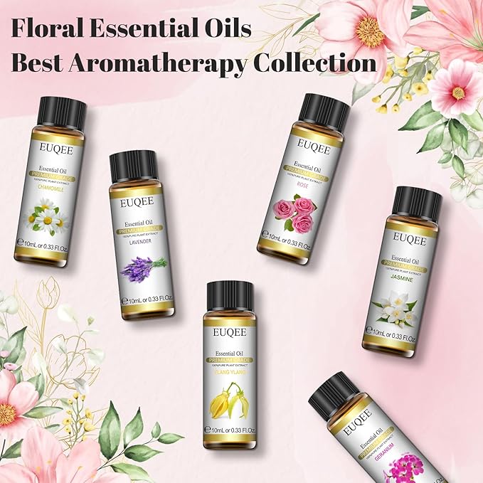 EUQEE 6 Pcs Pure Essential Oils Set, Premium Floral Scent Kit for Aromatherapy Diffuser, DIY Body Care, Home Fragrance, Massage– Lavender, Rose, Ylang Ylang, Jasmine, Geranium, Chamomile