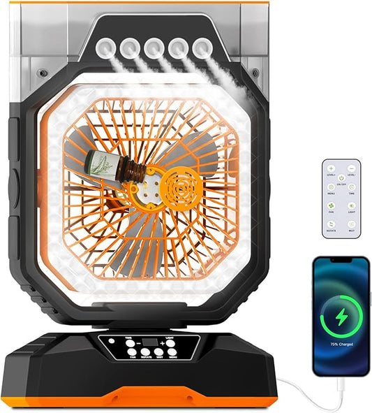 Desk Fan 5 Sprayers Rechargeable Misting Fan for Camping & Home – 6 Speed Portable Cooling Fan with Mist 560ml Water Tank Aromatherapy Diffuser Timer 27000mAh Fast-Charging Battery (Black & Orange)