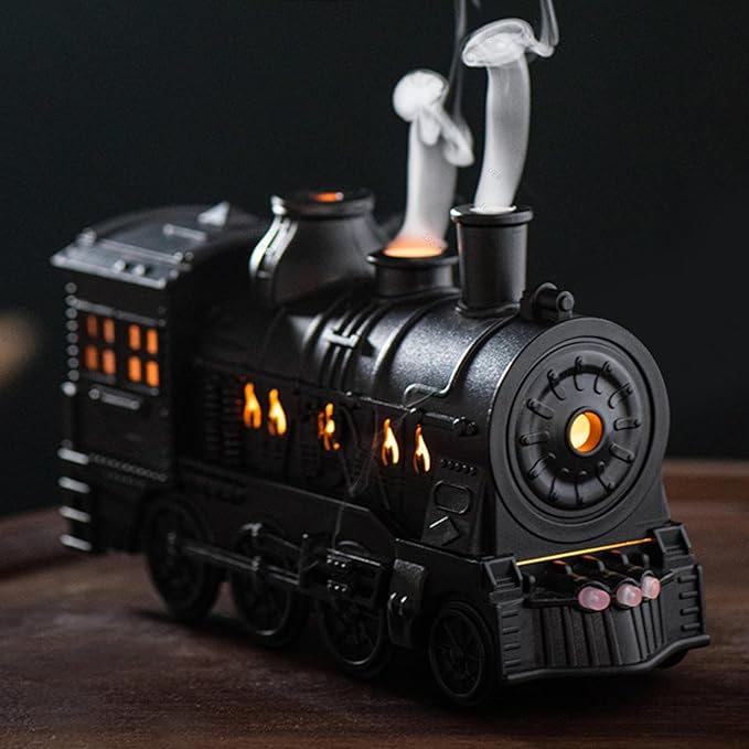 300ML Train Humidifier, Train Diffusers for Essential Oils, 2 Color LED Vintage Steam Christmas Train Aromatherapy Diffuser, 2 Dual Mist Modes Train Cool Mist Air Aroma Humidifier (Black)