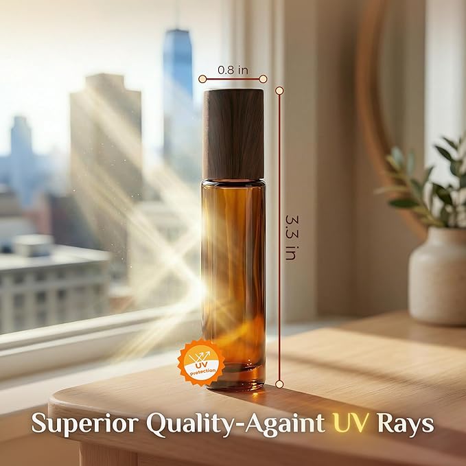 PrettyCare 12 Pack, 10 ml Essential Oil Roller Bottles with Stainless Steel Roller Ball - Refillable Leak-proof Empty Thick Amber Glass Roll on Bottles with Wooden Caps for Travel, Perfume