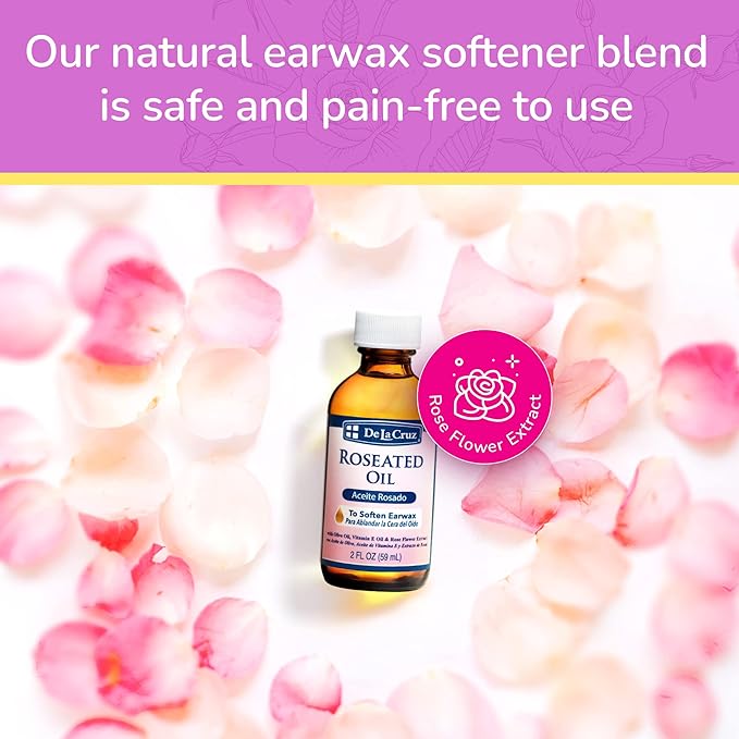 De La Cruz Roseated Oil - Natural Ear Wax Softener Blend with Rose Flower Extract - Ear Wax Aid - Made in The USA - 2 Fl Oz (6 Bottles)