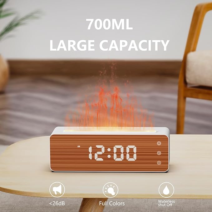 ClocTeck Flame Diffuser Humidifier, 700ml Large Fire Diffuser Humidifier for Desk, Full-Color Adjustable, Time & Humidness Display, 26dB Quiet, Cool Mist Diffuser, Essential Oil Diffuser for Bedroom