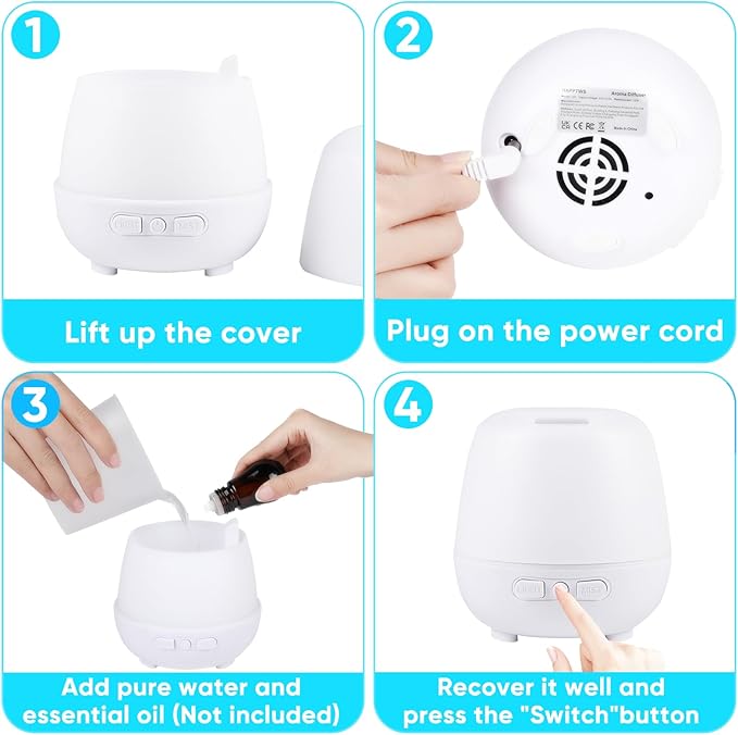 HAPPTWS 220ml Essential Oil Diffuser, Upgraded Diffusers for Essential Oils Aromatherapy Diffuser Cool Mist Humidifier with 7 Colors Lights 2 Mist Mode Waterless Auto Off for Home Office Room - White